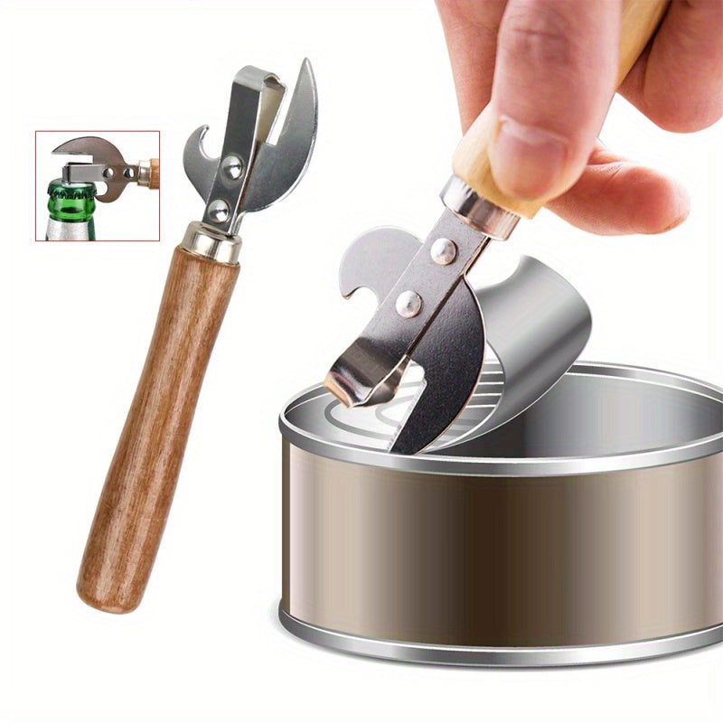 High-quality stainless steel can opener with wooden handle for easy grip. Suitable for kitchen, restaurants, and bars. Safe manual jar and bottle opener.