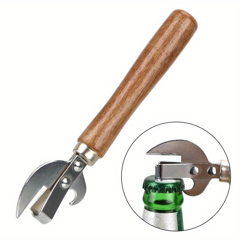 High-quality stainless steel can opener with wooden handle for easy grip. Suitable for kitchen, restaurants, and bars. Safe manual jar and bottle opener.