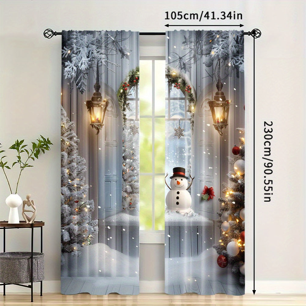 Get two polyester curtains featuring a snowman and Christmas tree print in this pack. These rod pocket window treatments are perfect for adding a festive touch to your home, bedroom, living room, or dining room decor. The holiday digital print drapes are