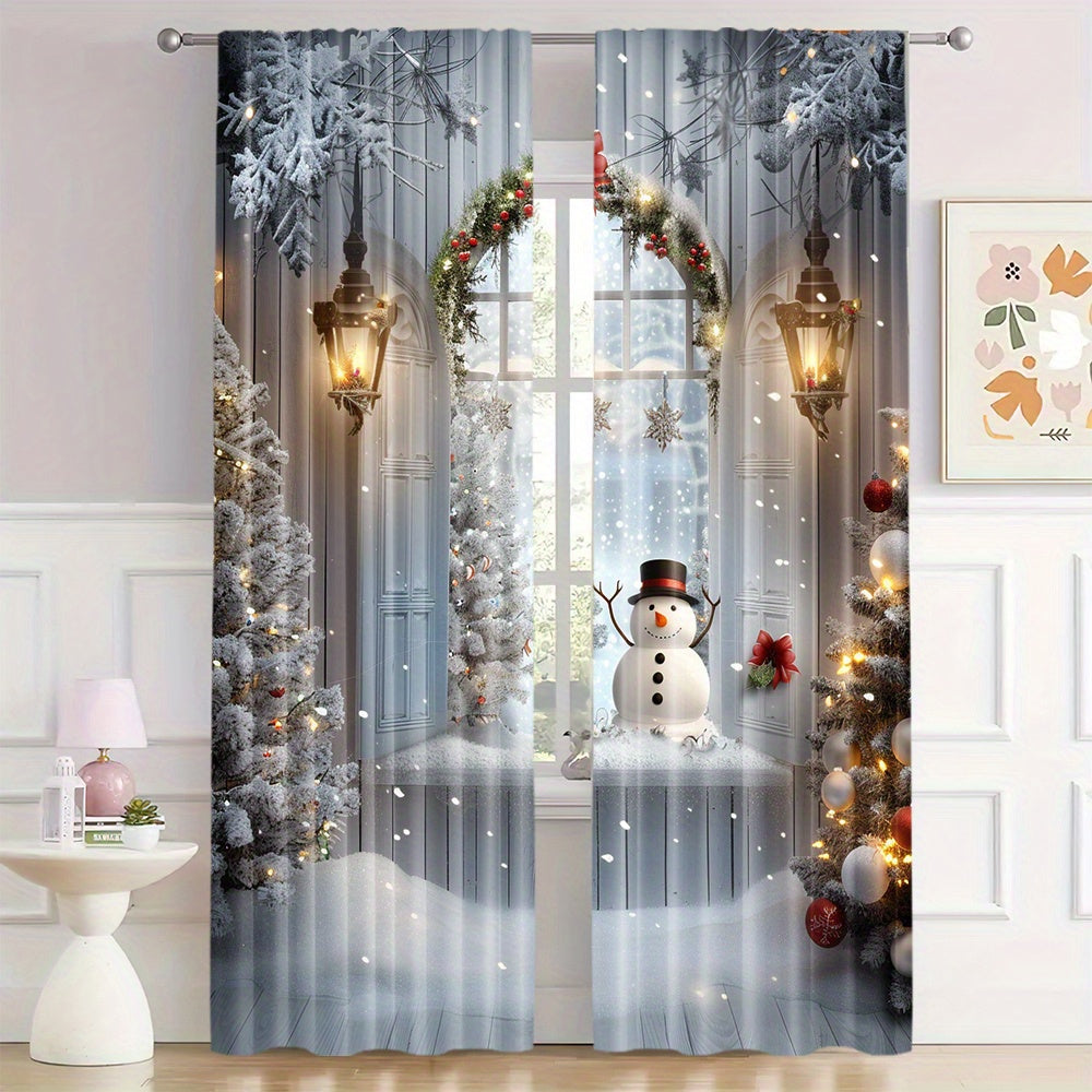 Get two polyester curtains featuring a snowman and Christmas tree print in this pack. These rod pocket window treatments are perfect for adding a festive touch to your home, bedroom, living room, or dining room decor. The holiday digital print drapes are