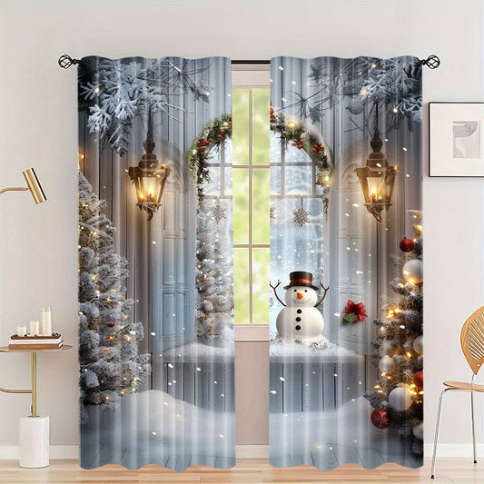 Get two polyester curtains featuring a snowman and Christmas tree print in this pack. These rod pocket window treatments are perfect for adding a festive touch to your home, bedroom, living room, or dining room decor. The holiday digital print drapes are