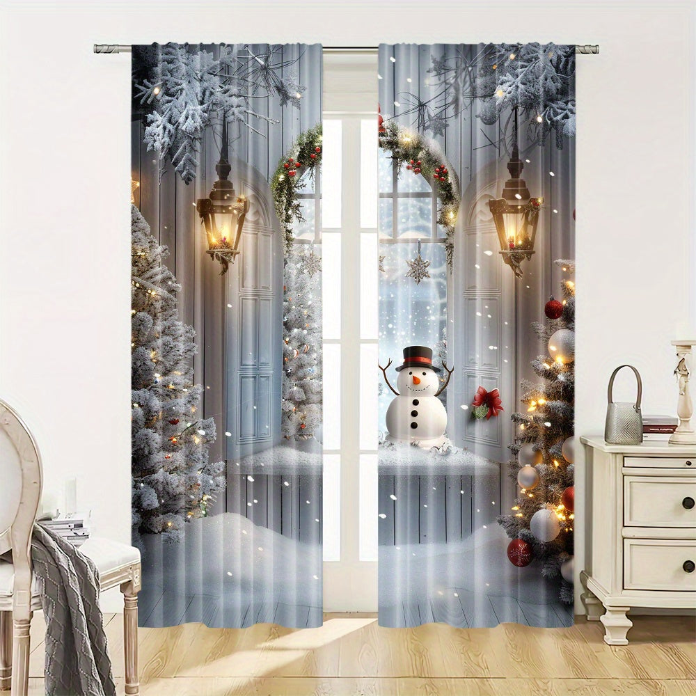 Get two polyester curtains featuring a snowman and Christmas tree print in this pack. These rod pocket window treatments are perfect for adding a festive touch to your home, bedroom, living room, or dining room decor. The holiday digital print drapes are