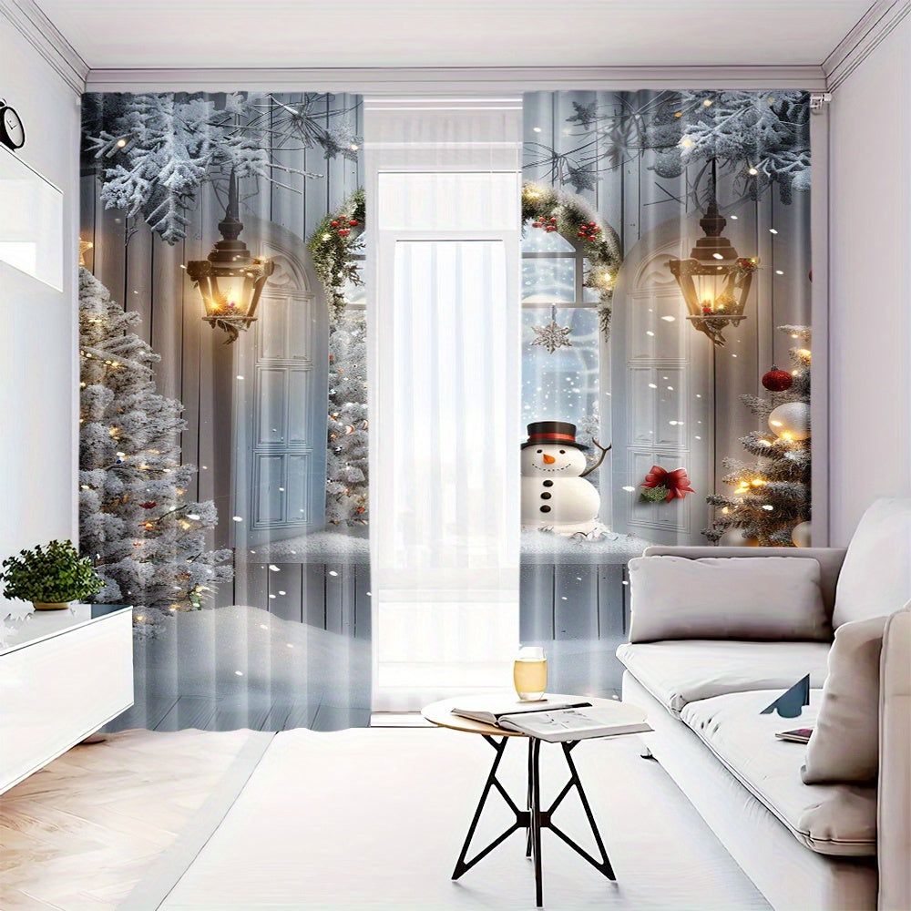 Get two polyester curtains featuring a snowman and Christmas tree print in this pack. These rod pocket window treatments are perfect for adding a festive touch to your home, bedroom, living room, or dining room decor. The holiday digital print drapes are