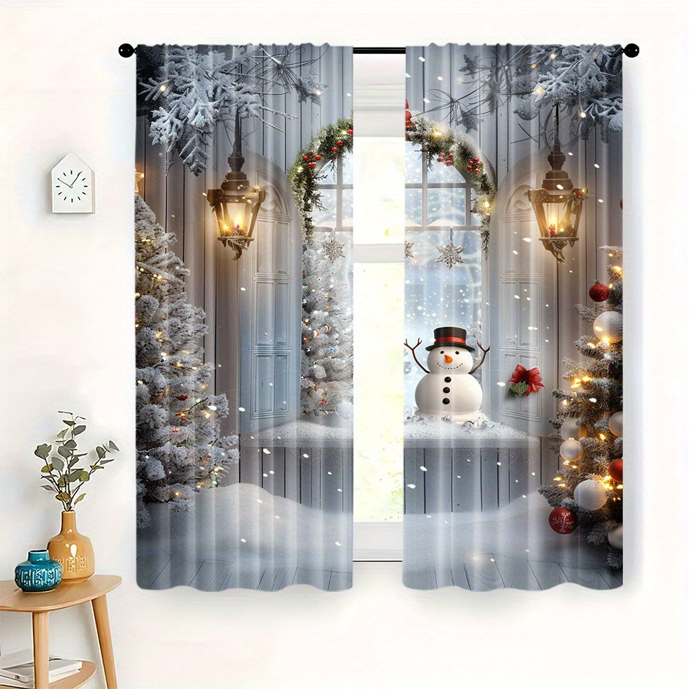 Get two polyester curtains featuring a snowman and Christmas tree print in this pack. These rod pocket window treatments are perfect for adding a festive touch to your home, bedroom, living room, or dining room decor. The holiday digital print drapes are