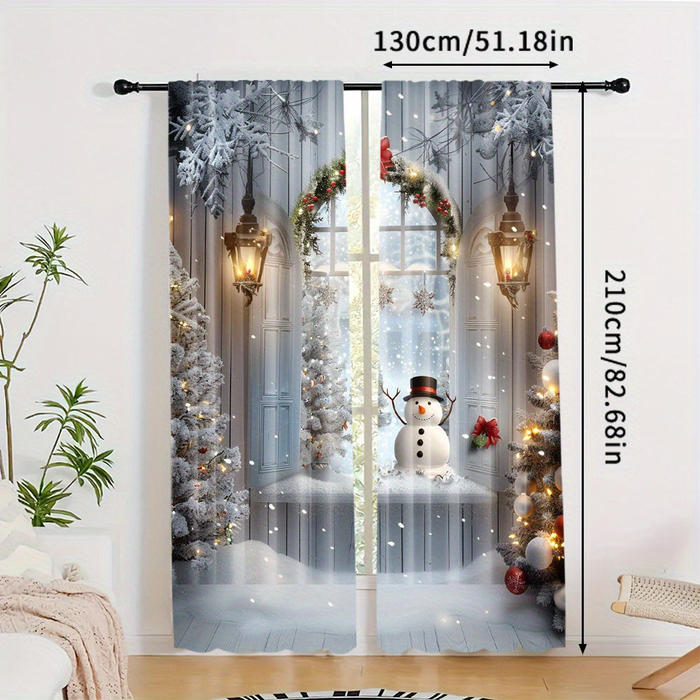 Get two polyester curtains featuring a snowman and Christmas tree print in this pack. These rod pocket window treatments are perfect for adding a festive touch to your home, bedroom, living room, or dining room decor. The holiday digital print drapes are