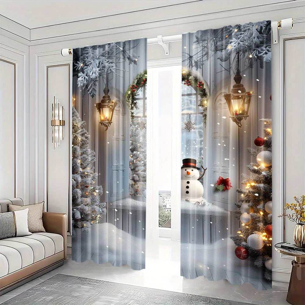 Get two polyester curtains featuring a snowman and Christmas tree print in this pack. These rod pocket window treatments are perfect for adding a festive touch to your home, bedroom, living room, or dining room decor. The holiday digital print drapes are