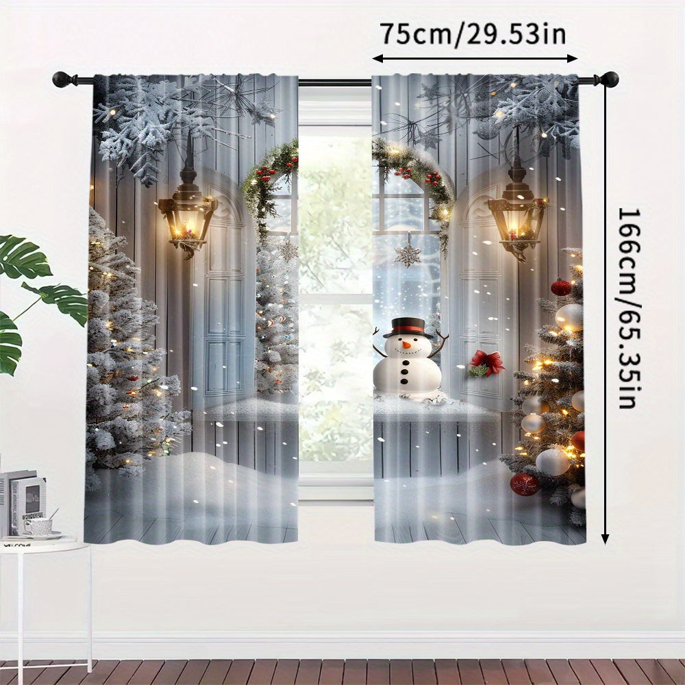 Get two polyester curtains featuring a snowman and Christmas tree print in this pack. These rod pocket window treatments are perfect for adding a festive touch to your home, bedroom, living room, or dining room decor. The holiday digital print drapes are