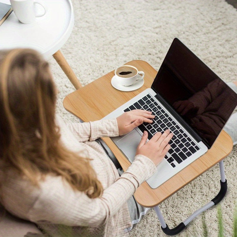 Wooden laptop desk with tablet slot and cup holder, ideal for bedroom, sofa, or floor use.