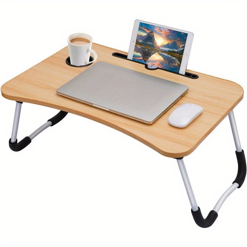 Wooden laptop desk with tablet slot and cup holder, ideal for bedroom, sofa, or floor use.