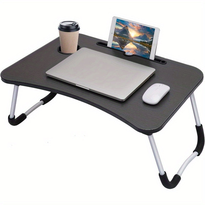 Wooden laptop desk with tablet slot and cup holder, ideal for bedroom, sofa, or floor use.