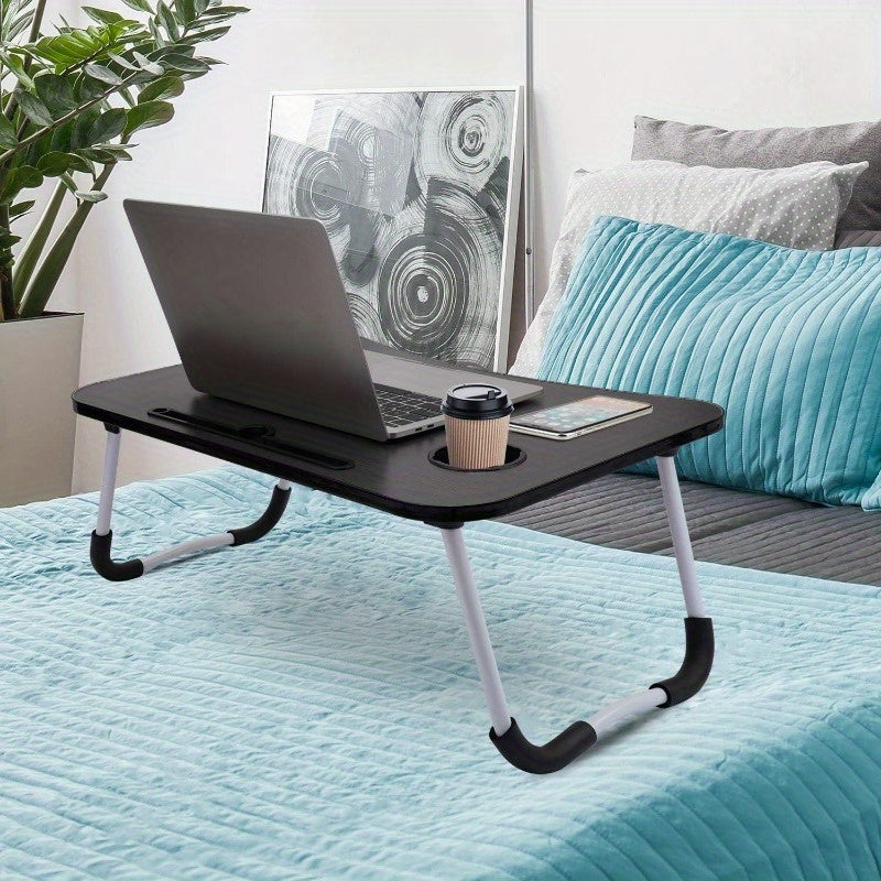 Wooden laptop desk with tablet slot and cup holder, ideal for bedroom, sofa, or floor use.