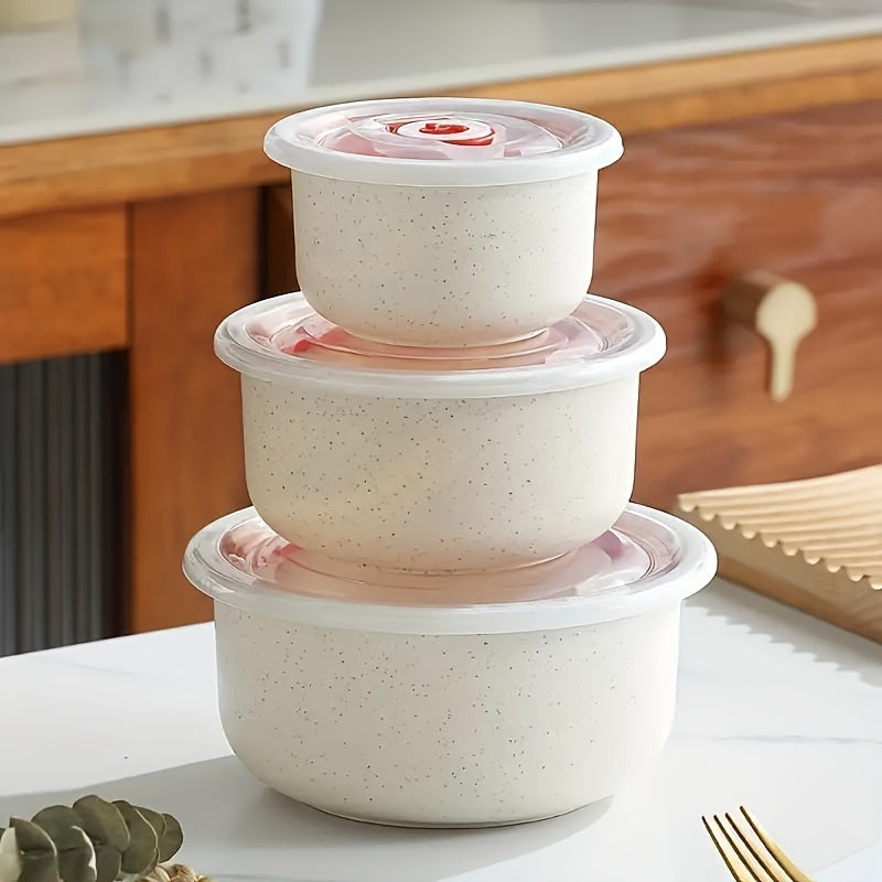 A versatile set of wheat straw bowls and food storage containers, perfect for keeping produce and dry goods fresh. These microwave-safe lunch boxes, sealed with lids, are ideal for schools, canteens, camping, picnics, and beach outings. A convenient and