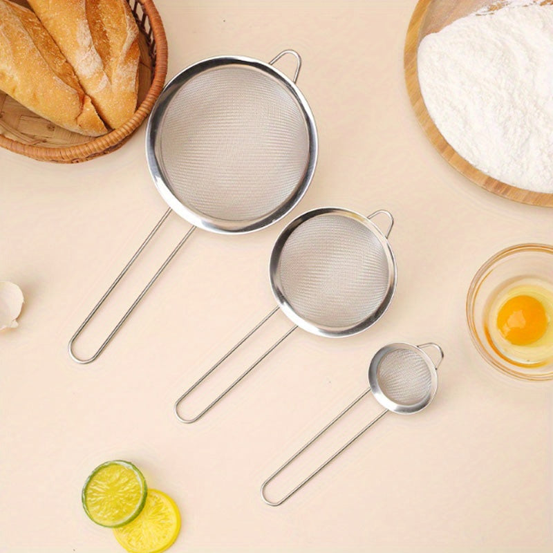 Set of 3 Stainless Steel Fine Mesh Strainers - Ideal for Straining Oil and Sifting Flour, Must-Have Kitchen Tools