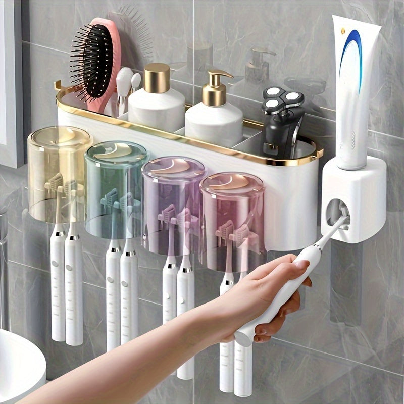 Durable PVC holder set with built-in toothpaste squeezer for wall-mounting in bathroom. Saves space and organizes toothbrushes and mugs efficiently.