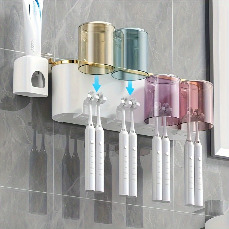 Durable PVC holder set with built-in toothpaste squeezer for wall-mounting in bathroom. Saves space and organizes toothbrushes and mugs efficiently.