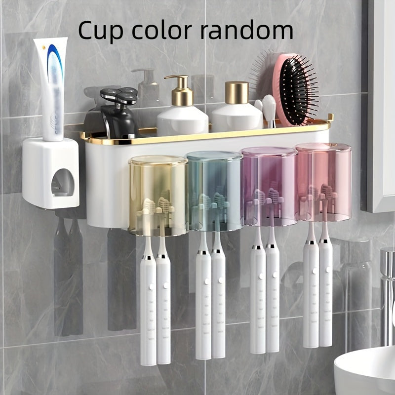 Durable PVC holder set with built-in toothpaste squeezer for wall-mounting in bathroom. Saves space and organizes toothbrushes and mugs efficiently.