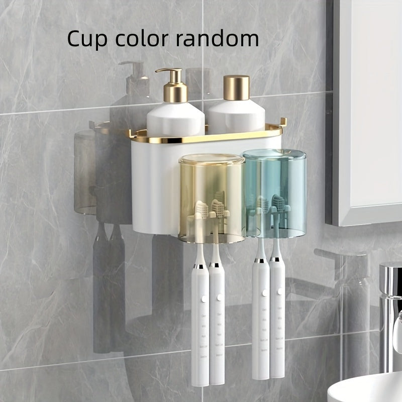 Durable PVC holder set with built-in toothpaste squeezer for wall-mounting in bathroom. Saves space and organizes toothbrushes and mugs efficiently.