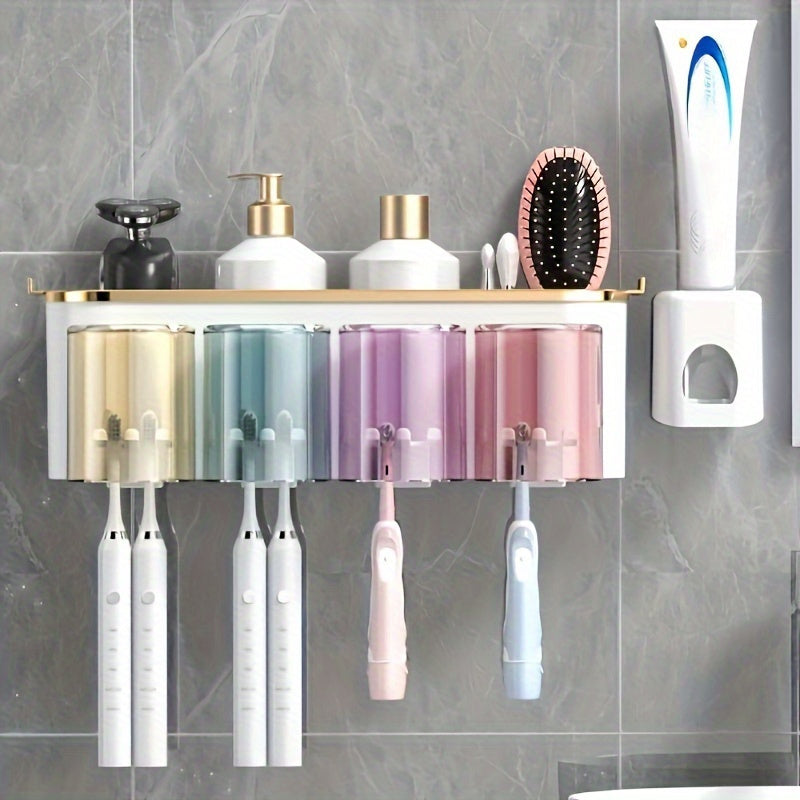 Durable PVC holder set with built-in toothpaste squeezer for wall-mounting in bathroom. Saves space and organizes toothbrushes and mugs efficiently.