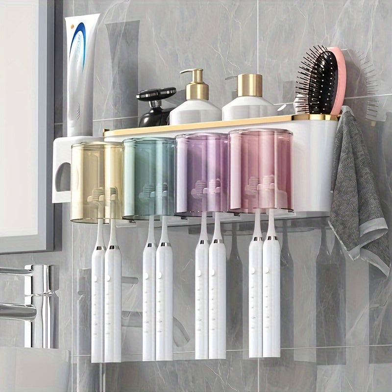 Durable PVC holder set with built-in toothpaste squeezer for wall-mounting in bathroom. Saves space and organizes toothbrushes and mugs efficiently.