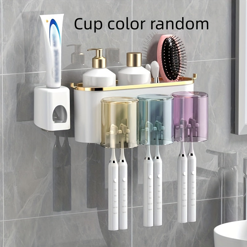 Durable PVC holder set with built-in toothpaste squeezer for wall-mounting in bathroom. Saves space and organizes toothbrushes and mugs efficiently.