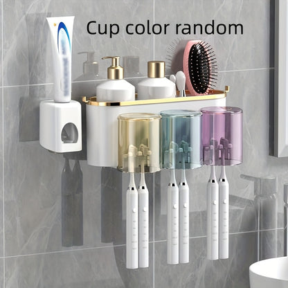 Durable PVC holder set with built-in toothpaste squeezer for wall-mounting in bathroom. Saves space and organizes toothbrushes and mugs efficiently.