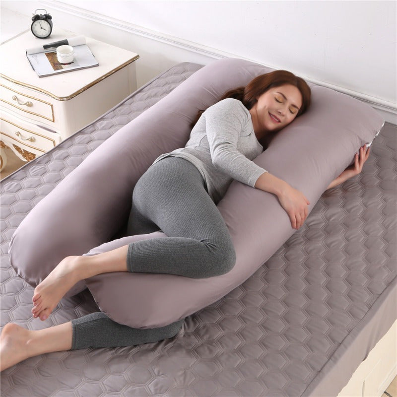 Detachable and washable U-shaped pregnancy pillow with a big cushion for waist support, providing a healthy and comfortable sleep. This multi-functional cotton pillow can also be used as a breastfeeding support pillow.