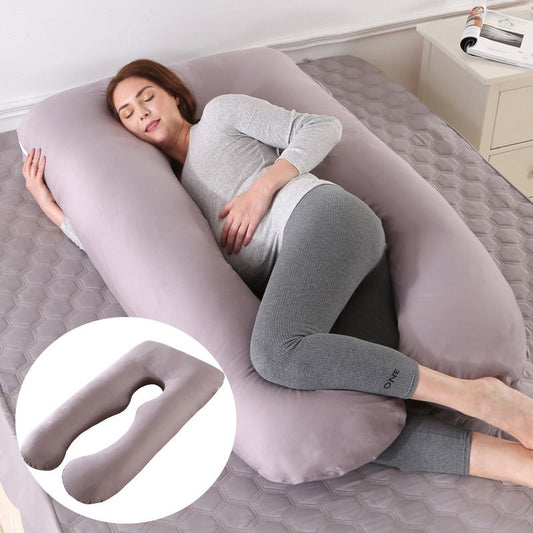 Detachable and washable U-shaped pregnancy pillow with a big cushion for waist support, providing a healthy and comfortable sleep. This multi-functional cotton pillow can also be used as a breastfeeding support pillow.