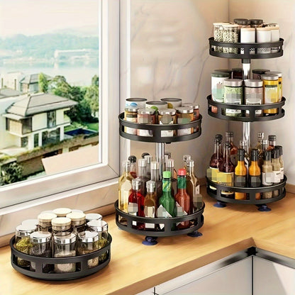 360° Rotating Kitchen Organizer with Adjustable Height - Metal Spice Rack featuring Storage Lazy Susan. This minimalist design offers efficient space management for your kitchen and bathroom. Food contact safe and no electricity needed.