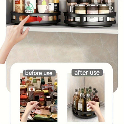 360° Rotating Kitchen Organizer with Adjustable Height - Metal Spice Rack featuring Storage Lazy Susan. This minimalist design offers efficient space management for your kitchen and bathroom. Food contact safe and no electricity needed.