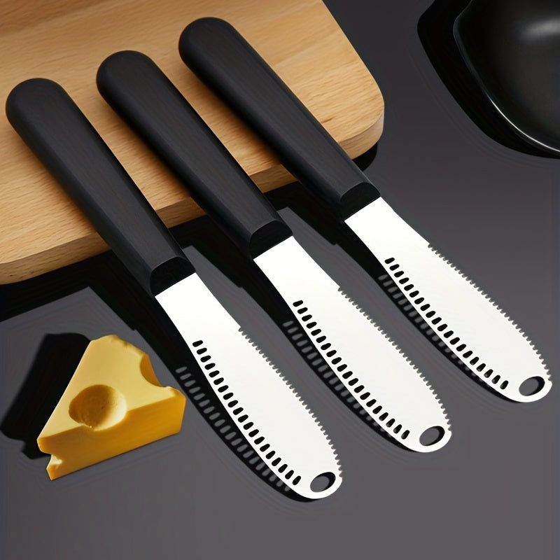 Stainless steel butter spreader for cheese, butter, jam and pastries. Set includes one or two spreader knives. Can be reused and is a household kitchen gadget.