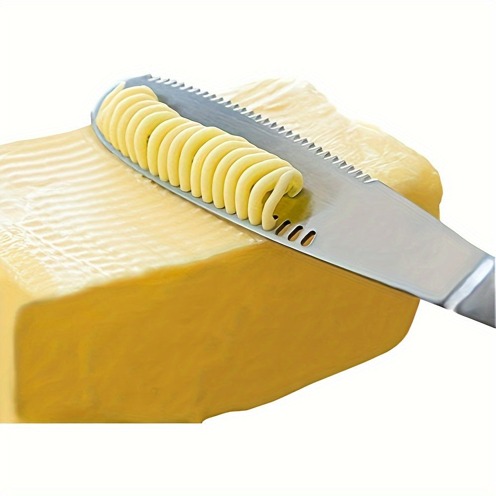 Stainless steel butter spreader for cheese, butter, jam and pastries. Set includes one or two spreader knives. Can be reused and is a household kitchen gadget.