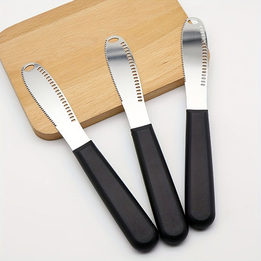 Stainless steel butter spreader for cheese, butter, jam and pastries. Set includes one or two spreader knives. Can be reused and is a household kitchen gadget.