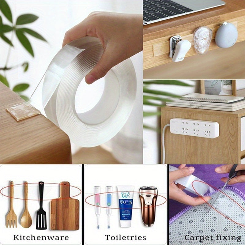 Reusable double-sided adhesive universal hook tape for furniture, strong transparent nano tape, washable and 1/3/5m in length.