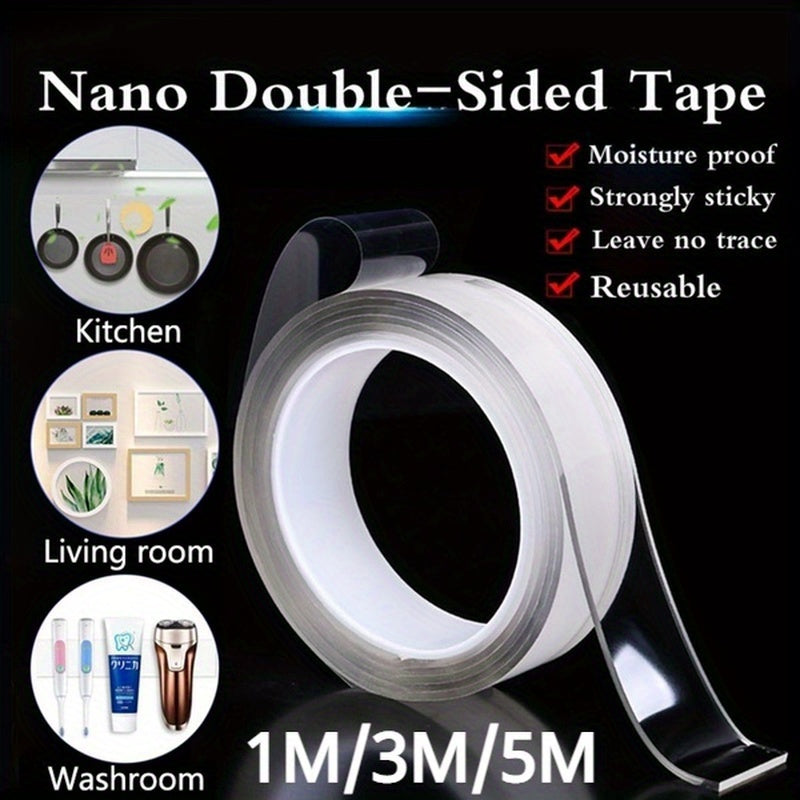 Reusable double-sided adhesive universal hook tape for furniture, strong transparent nano tape, washable and 1/3/5m in length.