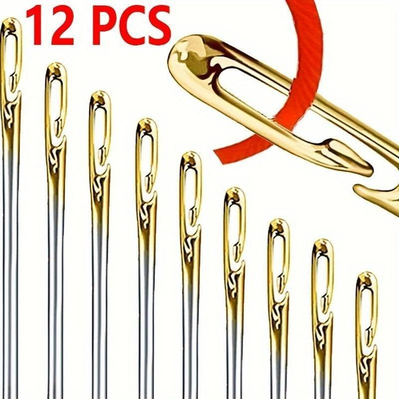 12 self-threading hand sewing needles with side opening for easy darning and stitching in white/gold, essential sewing accessories.