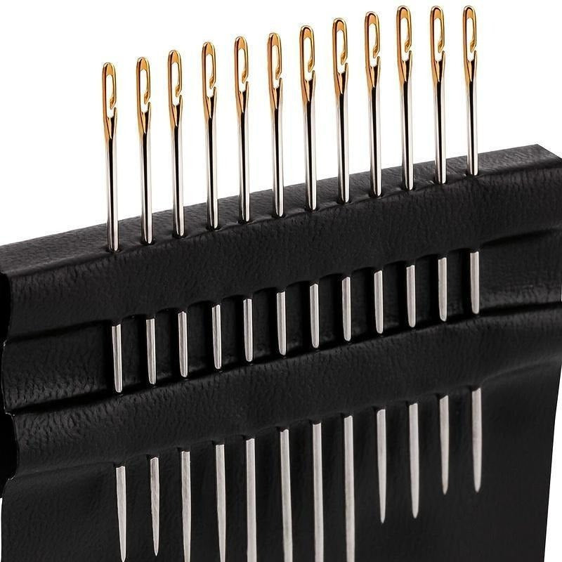 12 self-threading hand sewing needles with side opening for easy darning and stitching in white/gold, essential sewing accessories.