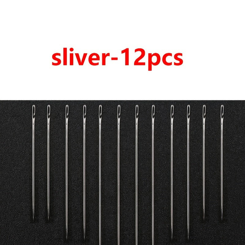 12 self-threading hand sewing needles with side opening for easy darning and stitching in white/gold, essential sewing accessories.