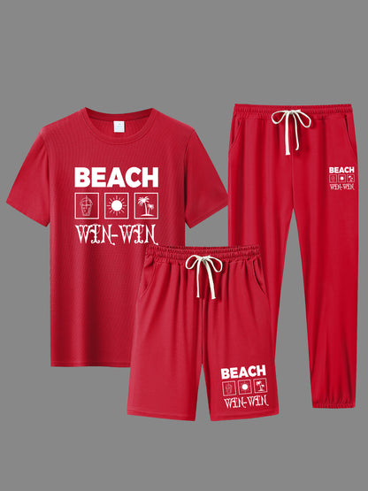 BEACH Men's 3-Piece Casual Sportswear Set includes crew neck short sleeve t-shirt, shorts and long pants. Made of 100% polyester knit fabric with slight stretch and patterned print.