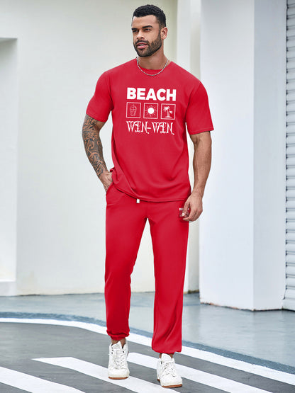 BEACH Men's 3-Piece Casual Sportswear Set includes crew neck short sleeve t-shirt, shorts and long pants. Made of 100% polyester knit fabric with slight stretch and patterned print.