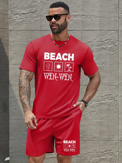 BEACH Men's 3-Piece Casual Sportswear Set includes crew neck short sleeve t-shirt, shorts and long pants. Made of 100% polyester knit fabric with slight stretch and patterned print.