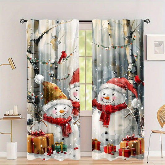 Two pieces of cute snowman patterned curtains perfect for the winter season. These curtains feature a rod pocket mount and are digitally printed on high-quality polyester material. Suitable for use in the living room, kitchen, bedroom, study, dining