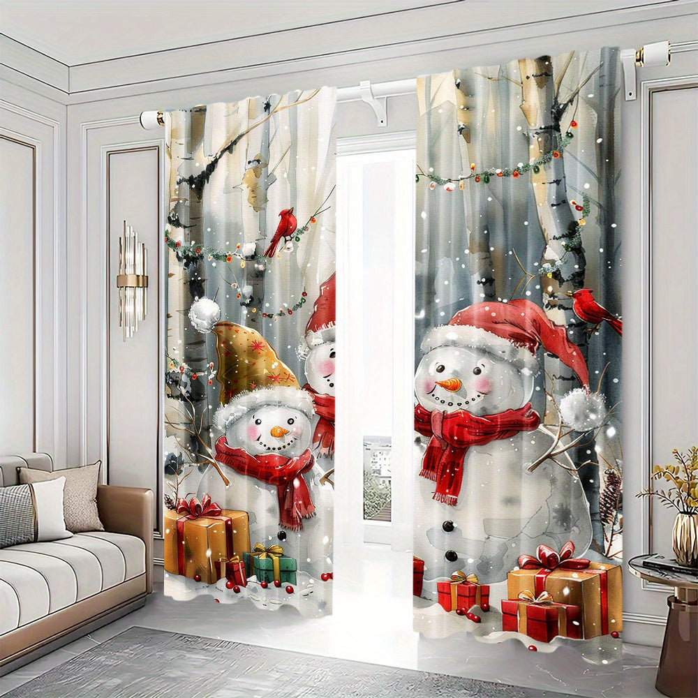 Two pieces of cute snowman patterned curtains perfect for the winter season. These curtains feature a rod pocket mount and are digitally printed on high-quality polyester material. Suitable for use in the living room, kitchen, bedroom, study, dining