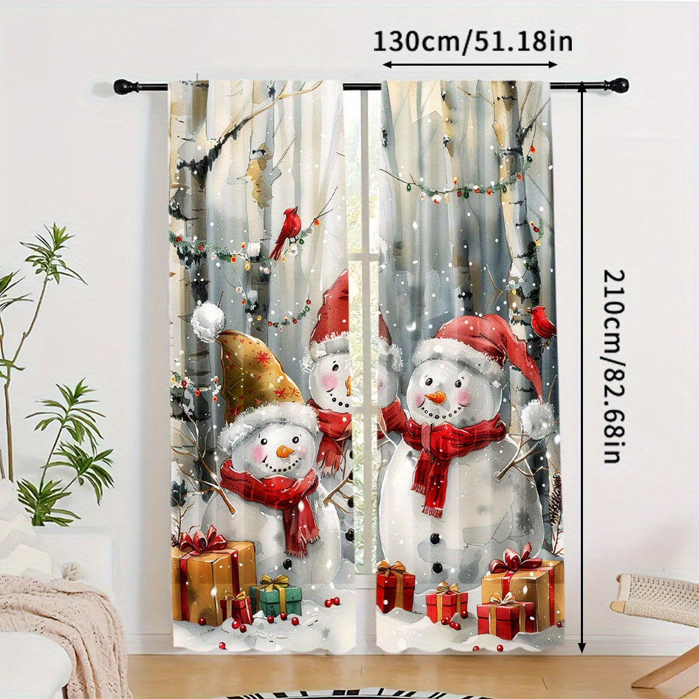 Two pieces of cute snowman patterned curtains perfect for the winter season. These curtains feature a rod pocket mount and are digitally printed on high-quality polyester material. Suitable for use in the living room, kitchen, bedroom, study, dining