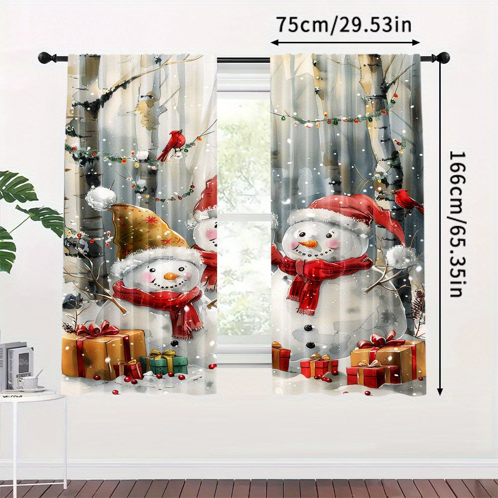 Two pieces of cute snowman patterned curtains perfect for the winter season. These curtains feature a rod pocket mount and are digitally printed on high-quality polyester material. Suitable for use in the living room, kitchen, bedroom, study, dining