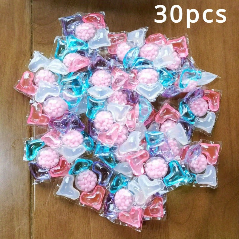 30pcs of 5-in-1 Multi-Purpose Laundry Beads for convenient cleaning in apartments and college dorms. Made of polypropylene with fresh scent, color-coded for easy use. Can soften fabrics