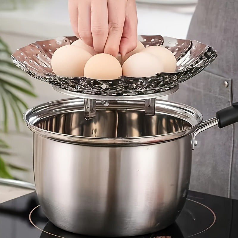 One piece Stainless Steel Collapsible Steamer Basket - Multipurpose Foldable Steaming Rack, Cooking Insert, Kitchen Accessory perfect for Restaurants and Food Trucks.