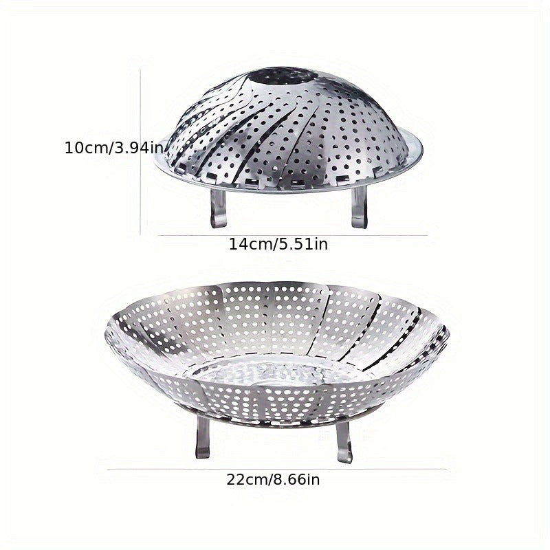 One piece Stainless Steel Collapsible Steamer Basket - Multipurpose Foldable Steaming Rack, Cooking Insert, Kitchen Accessory perfect for Restaurants and Food Trucks.