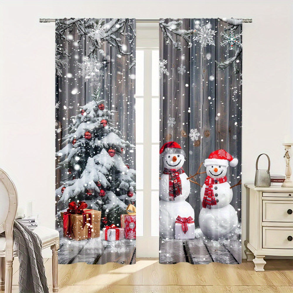 Snowman and Christmas Tree Design Curtains, Set of 2 - Polyester Drapes with Rod Pocket for Living Room, Bedroom, Dining Room, or Study - Festive Home Decor Window Treatments suitable for ages 14 and up (Rod not included)