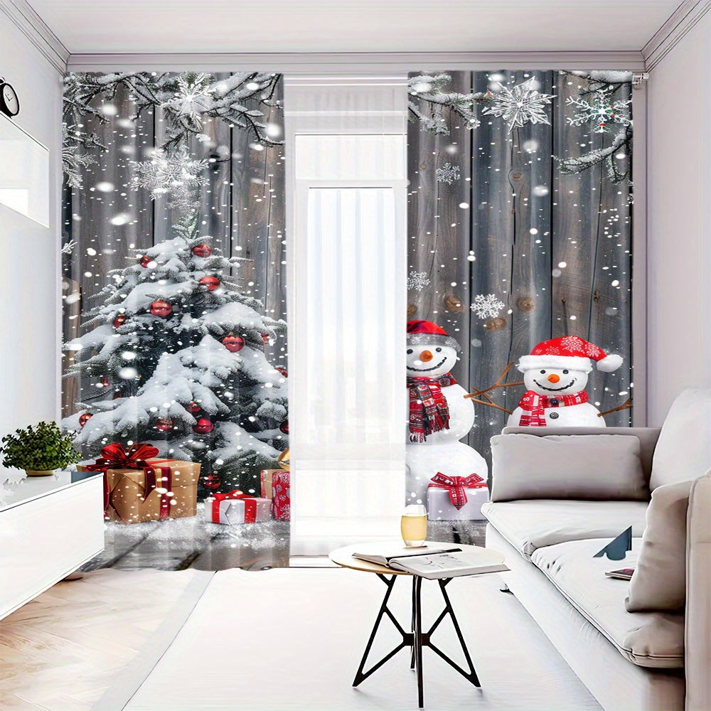 Snowman and Christmas Tree Design Curtains, Set of 2 - Polyester Drapes with Rod Pocket for Living Room, Bedroom, Dining Room, or Study - Festive Home Decor Window Treatments suitable for ages 14 and up (Rod not included)