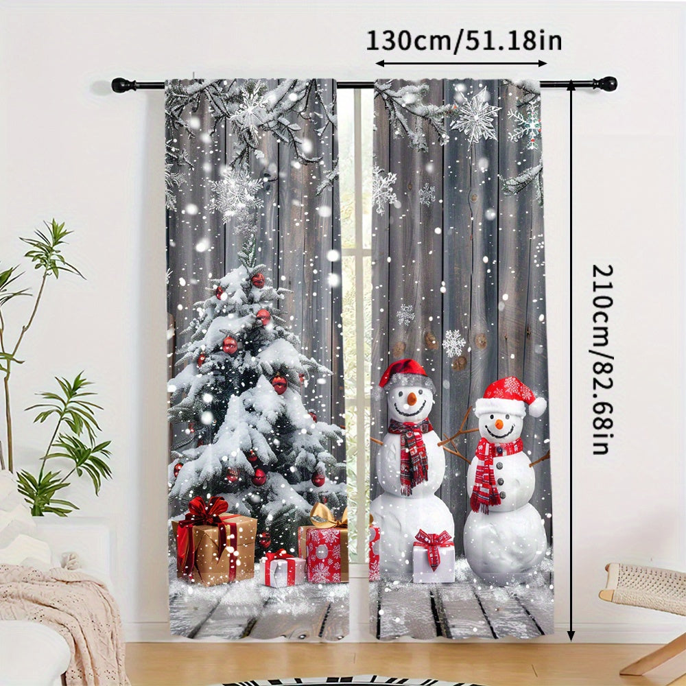 Snowman and Christmas Tree Design Curtains, Set of 2 - Polyester Drapes with Rod Pocket for Living Room, Bedroom, Dining Room, or Study - Festive Home Decor Window Treatments suitable for ages 14 and up (Rod not included)